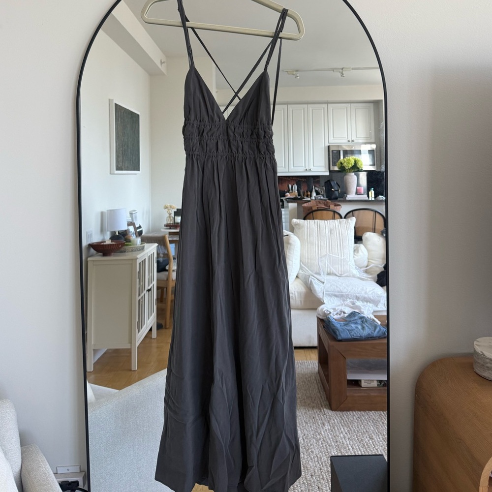 Zara Dark Gray Smocked Maxi Dress with Crisscross Straps